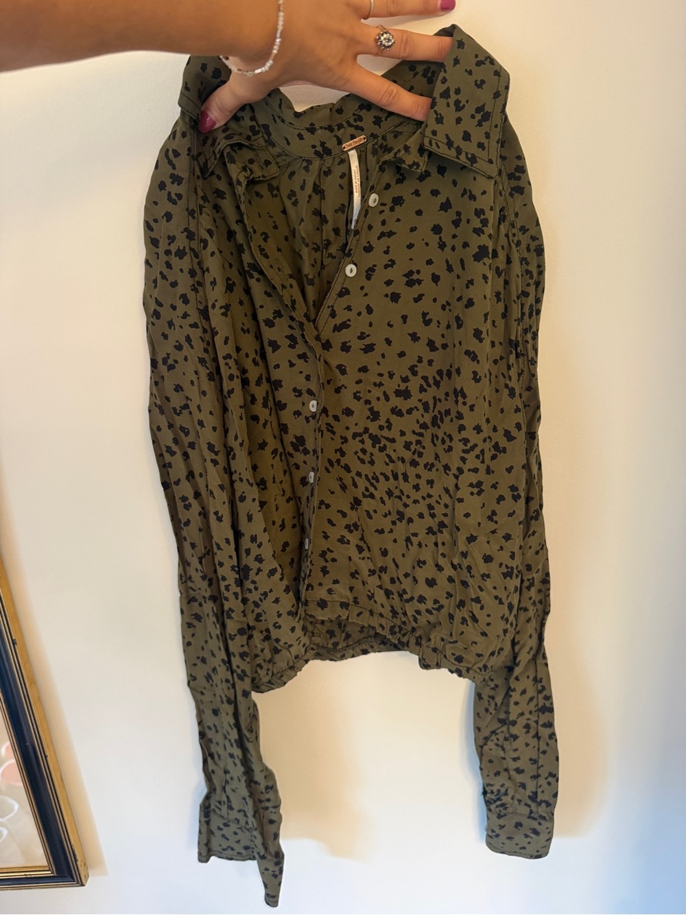 Free People Olive Green Button-Down Shirt with Black Spot Print
